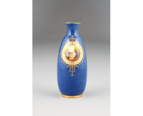 Royal Worcester vase, model No. 2491 sapphire blue ground with a hand painted circular panel of a castle ruin, signed Rushton