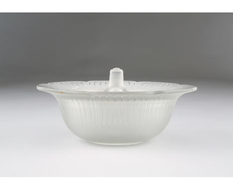 Rene Lalique frosted glass powder dish and cover, lobed rim, moulder R Lalique, France to base. 19.5cm diameter