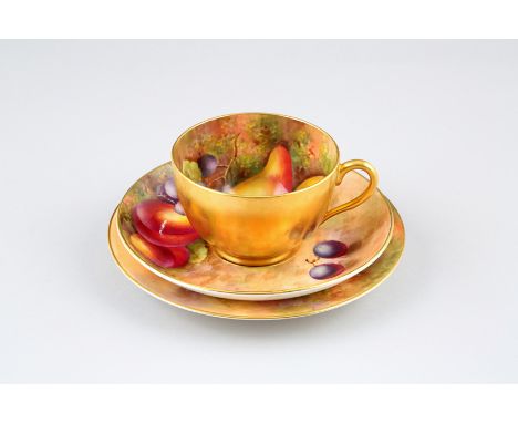 Royal Worcester trio, cup, saucer and side plate, hand painted with fruit in a naturalistic background, signed Townsend, cup 