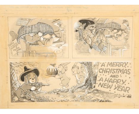 Two Commercial Art boards, Christmas and New Year themed. Artist Alex Cubie - Rupert Bear cartoonist. Black and white designs