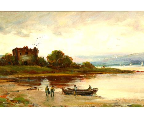 Tom Seymour (British 1844-1904) Pair framed oils on board, signed (i) Sea Loch with a Castle ruin (ii) Seascape with Light Ho