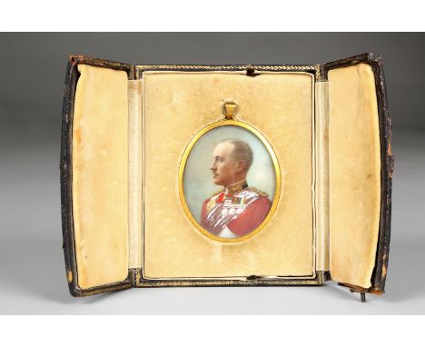 Unsigned, Miniature on porcelain, in oval gilt frame and leather travel case, 'Portrait of an Officer in Dress Uniform', 7cm 