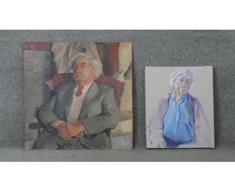 An oil on board, portrait of a seated gentleman, unsigned and an oil on canvas, female portrait. H.61 W.61 cm (largest) 