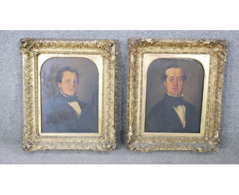 A pair of 19th century carved gilt framed oleograph portraits on board of two gentleman. H.49 W.40cm 