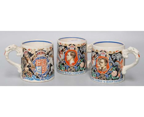 Three Wilkinson Ltd. Dame Laura Knight Designed Coronation Mugs,  comprising two George VI examples and one Edward VIII (3)