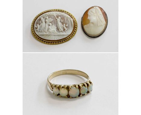 An Opal Five Stone Ring, finger size K1/2; A Cameo Brooch, in a rope twist frame, measures 5.7cm by 4.4cm; and Another Cameo 