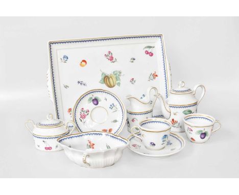 A Richard Ginori Porcelain Tete a Tete Set, decorated with fruit sprigs under dry blue and gilt borders. comprising: cabaret 
