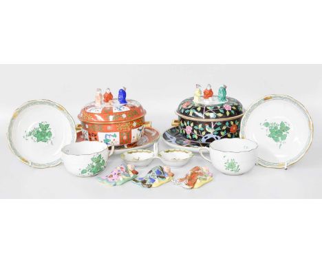 Herend Porcelain: two tea caddies covers and stands, decorated in the chinoiserie style, together with a pair of ozier moulde