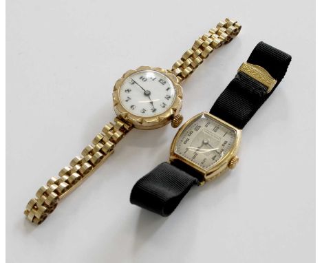 A Lady's 18 Carat Gold Tonneau Shaped Wristwatch, signed Pochelon Freres, 1920's, case back with an engraved inscription, rib