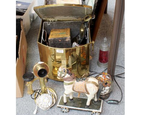 Miscellaneous, including carved wall mirror, a woolwork picture, a leaded glass owl lamp, a vintage telephone, a brass coal s