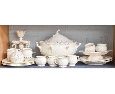 Collection of Modern Leeds Creamware Pottery Including: pottery punch bowl and cups, two tier hors' doyvrés stand, oval and c