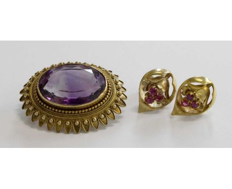 A Pair of Synthetic Ruby Earrings, of floral design, with post fittings; and An Amethyst Brooch, the oval cut amethyst in a y
