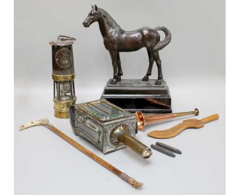 Miscellaneous Including, an Ackroyd &amp; Best miner's lamp, a 19th century coaching lamp, a brass and copper hunting horn, r