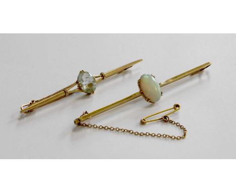 An Opal Bar Brooch, the oval cabochon opal in a yellow double four claw setting, to a plain polished bar stamped '15CT', leng