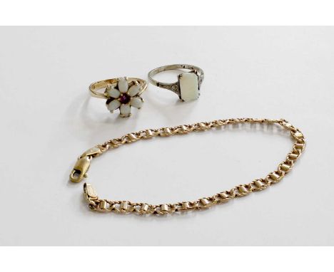 A 9 Carat Gold Amethyst and Opal Cluster Ring, out of shape; An Opal Ring, stamped '9CT' and 'PT', finger size O; and A 9 Car