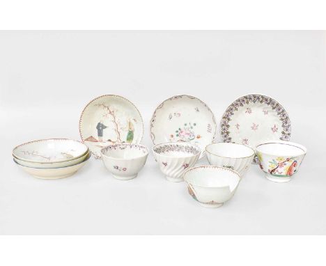 An 18th Century Liverpool Chinoiserie Tea Bowl and Three Saucers, decorated with figures in a landscape; a Chinese famille ro