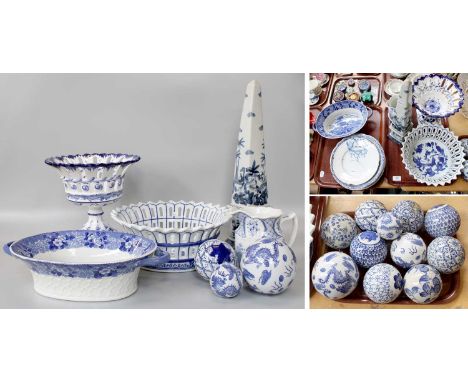 A Collection of Blue and White Pottery and Porcelain, including an Adam chestnut basket, together with a collection of 20th c