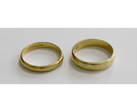 Two 18 Carat Gold Band Rings, finger sizes J1/2 and KGross weight 6.0 grams.