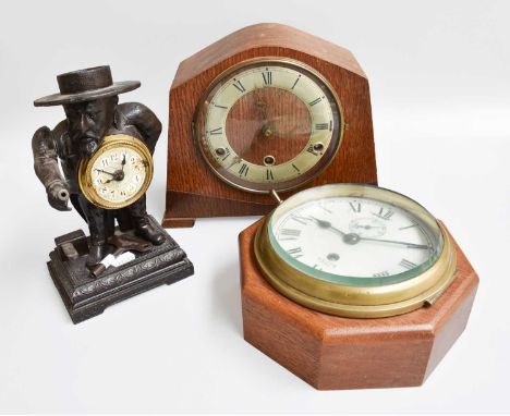 A Smiths Astral Brass Ship's Type Wall Timepiece, octagonal wooden mount, 19cm wide; together with a 1930's chiming mantle cl