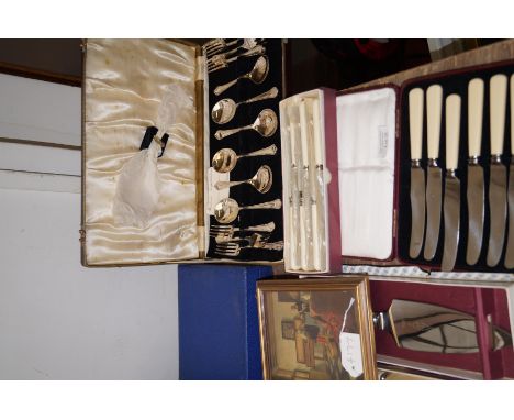 Group of cased vintage flatware to include a Vermeer print