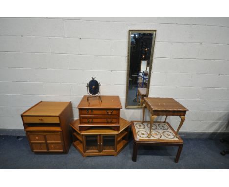 A SELECTION OF MID CENTURY FURNITURE, to include a Nathan media cabinet, a G Plan tile top coffee table, a cherrywood corner 