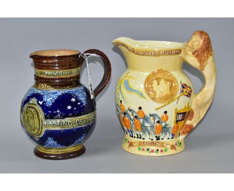 TWO ROYAL COMMEMORATIVE JUGS, comprising a late nineteenth century Doulton Lambeth jug commemorating the Diamond Jubilee of Q