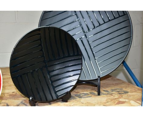 TWO POOLE POTTERY 'VOGUE' DISHES, both black Satin and Silk design, one 42cm the other 25cm  (2) (Condition report: both have