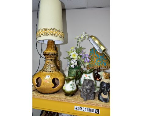 A GROUP OF LAMPS, VASES AND ORNAMENTS, to include a 1960s/1970s mustard glazed table lamp bearing a Herda label, fitted with 