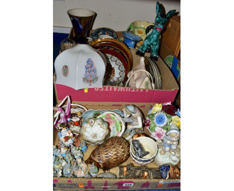 THREE BOXES OF CERAMICS AND GLASSWARES, to include two Old Court Ware lustre vases height of tallest 26cm, a Sylvac oval plan