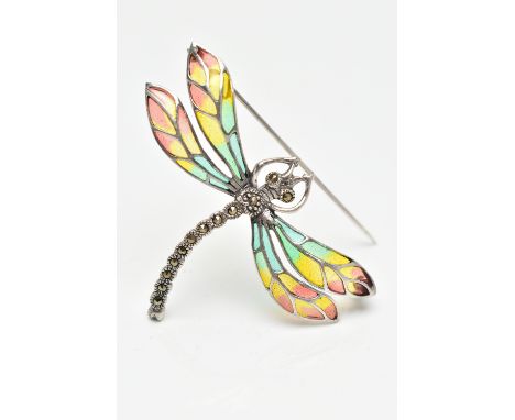 A WHITE METAL PLIQUE A JOUR MARCASITE DRAGONFLY BROOCH, the marcasite body and eyes, with vari hue enamel wings, stamped 925,