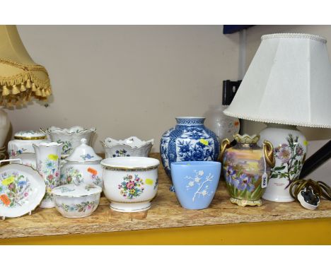 A GROUP OF CERAMIC ORNAMENTS, VASES AND LAMPS comprising a hand painted Japanese Noritake twin handled vase, decorated with I