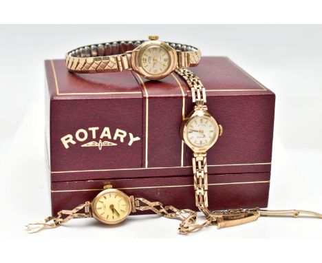 THREE LADIES 9CT GOLD WRISTWATCHES, the first a manual wind 'Rotary' watch with a round silver dial signed 'Rotary 21 jewels'