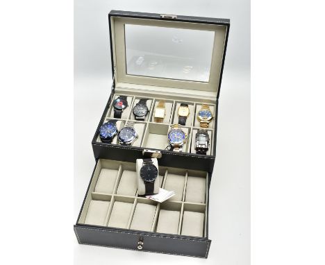 A WATCH DISPLAY CASE WITH WRISTWATCHES, a faux black leather display case, with twenty storage compartments including ten wri