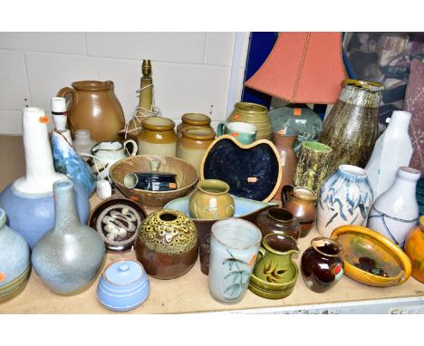 A QUANTITY OF STUDIO POTTERY, LAMPS AND SALT GLAZED JARS, to include Ewweny Pottery comprising a small yellow and green glaze