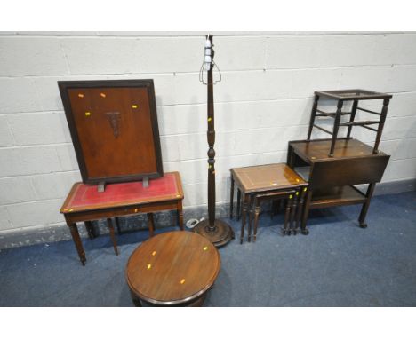A SELECTION OF OCCASIONAL FURNITURE, to include an oak drop leaf trolley, a bergère stool, two mahogany nest of tables, an oa