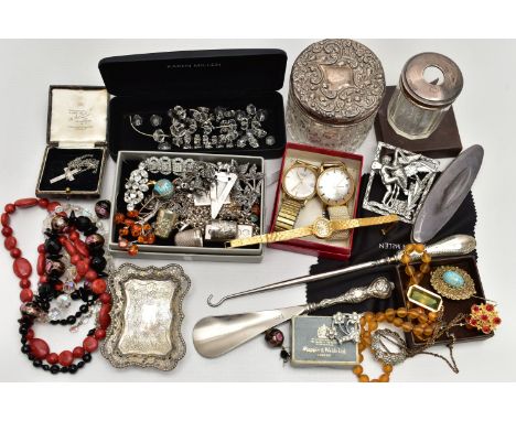 A SELECTION OF SILVER ITEMS, JEWELLERY, WATCHES AND OTHER ITEMS, to include a silver lidded vanity glass jar, the lid embosse