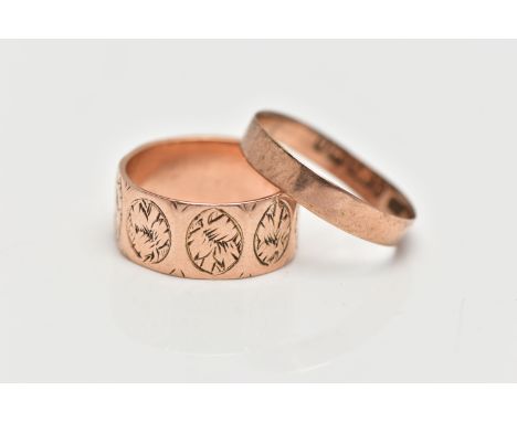 TWO LATE VICTORIAN 9CT ROSE GOLD BAND RINGS, the first comprising engraved foliate oval repeating panels, hallmarked Birmingh