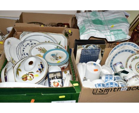 FOUR BOXES OF CERAMICS, LINEN AND GLASSWARES, to include a Royal Tuscan 'Charade' tea set with seven dinner plates, two Aynsl