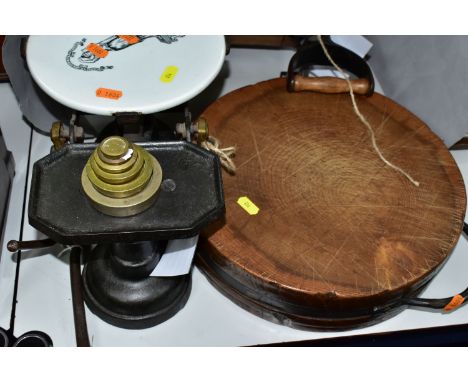 COMMERCIAL KITCHENALIA TO INCLUDE A GERMANIA No. 00 BREAD SLICER, a set of cast iron butter scales with weights, a round chop