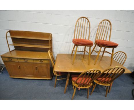 A PRIORY LIGHT OAK ERCOL STYLE BLONDE ELM LOUNGE SUITE, comprising an extending dining table, with a single additional leaf, 