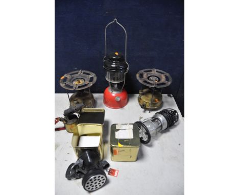 TWO VINTAGE PARASENE BRASS STOVES along with a gas lantern, electric clip on light (UNTESTED), a vintage brass Monitor torch 