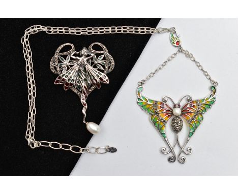 A SET OF WHITE METAL PLIQUE A JOUR AND GEM SET JEWELLERY, to include a butterfly necklace, with circular ruby eyes, a culture