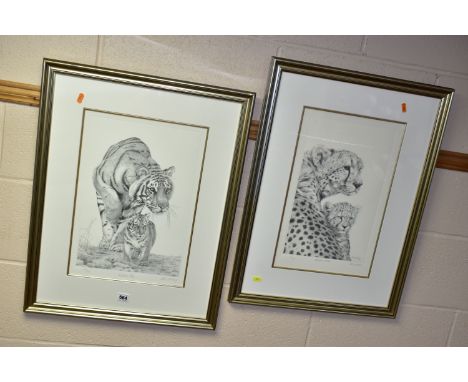 PETER HILDICK (BRITISH CONTEMPORARY) TWO SIGNED LIMITED EDITION PRINTS, comprising 'Lesson One' depicting a Tiger and her cub