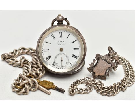 A SILVER POCKET WATCH, TWO ALBERT CHAINS AND A FOB, key wound movement, white dial, signed 'Kay's' Triumph Swiss made, Roman 