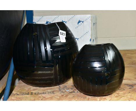 TWO POOLE POTTERY 'VOGUE' DESIGN PURSE VASES, in black Satin and Silk design, one 20cm the other is 26cm, with one box (2) (C