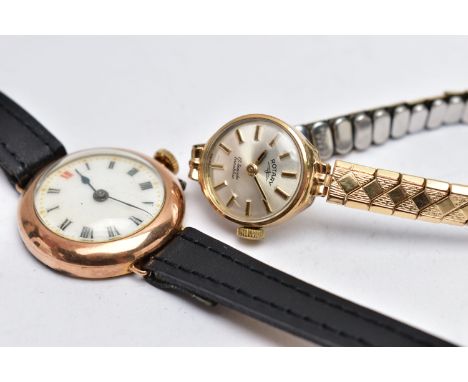 TWO LADIES 9CT GOLD WRISTWATCHES, the first a manual wind watch with a round white dial, Roman numerals, blue steel hands, wi