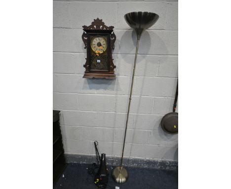 AN EARLY 20TH CENTURY WALNUT WALL CLOCK, with winding key and pendulum, a black Angle poise desk lamp and a standard lamp (3)