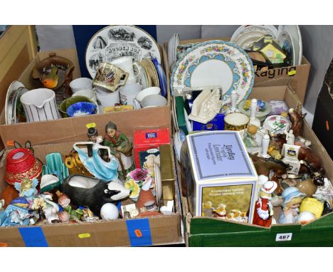 FOUR BOXES OF CERAMICS, to include a boxed Yardley English Lavender figurine, crested ware in the forms of a Sylvan China 'La