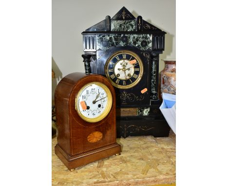TWO MANTEL CLOCKS, comprising a Victorian black slate and marble mantel clock, the case of architectural form with gilt detai