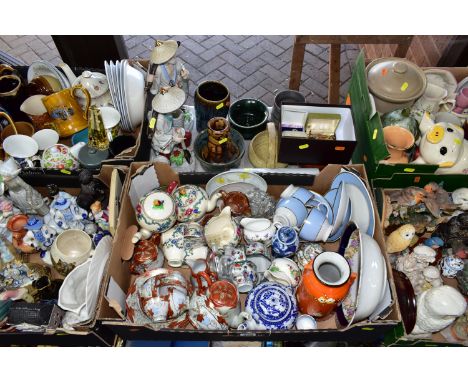 FIVE BOXES OF CERAMICS AND ASSORTED ORNAMENTS, to include a Japanese Mitsu Boshi vase decorated with cherry blossom on an ora